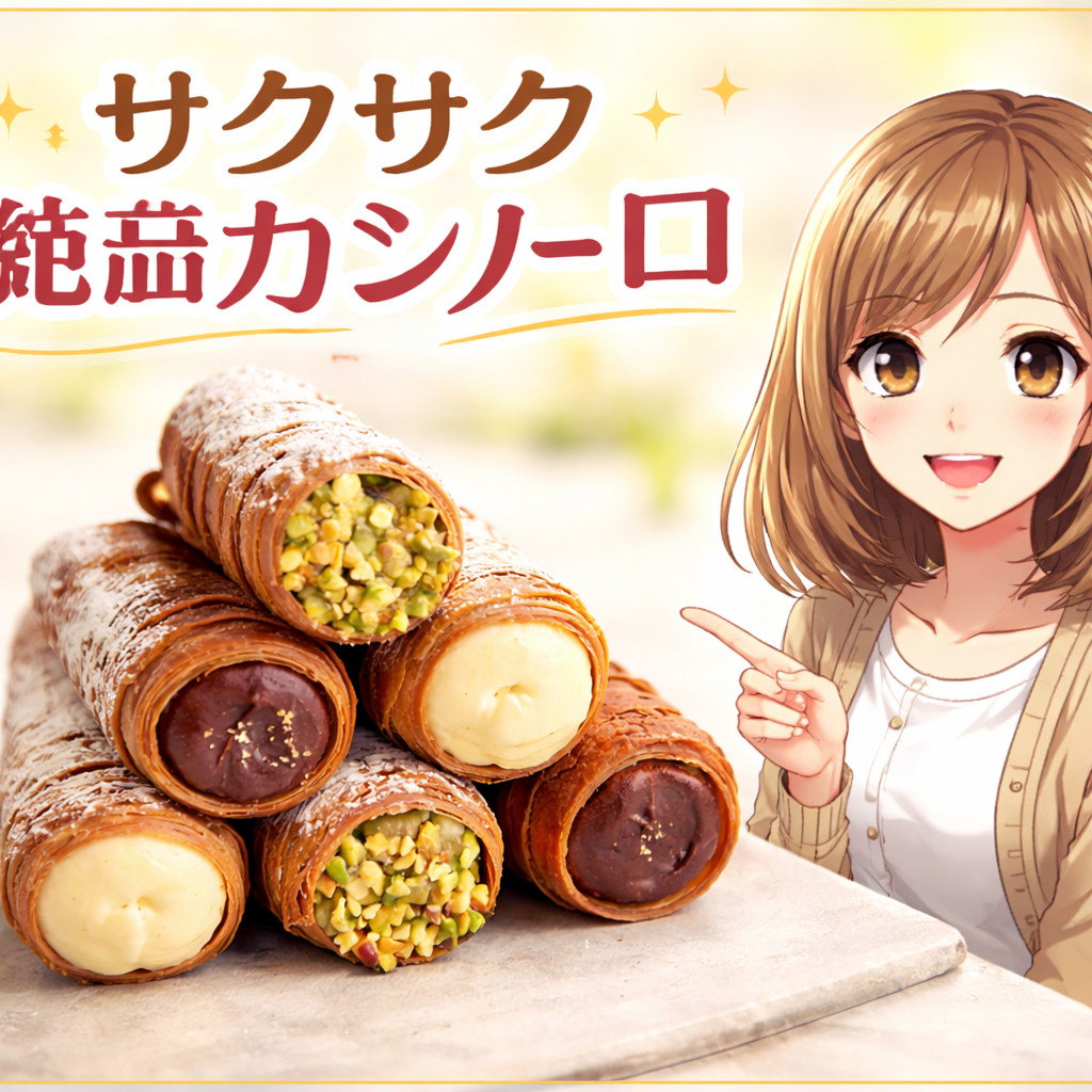 崩れた日本語風の文字、過度な光沢の焼き菓子、アニメ調の人物が入ったHFの全面生成画像